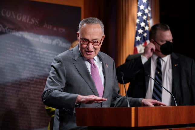 Senate Majority Leader Chuck Schumer (D-NY) speaks during a news conference at the U.S. Capitol on January 11, 2022, in Washington, DC. Schumer and the Senate Democrats spoke about their party’s push to pass election reform and voting rights legislation. 
