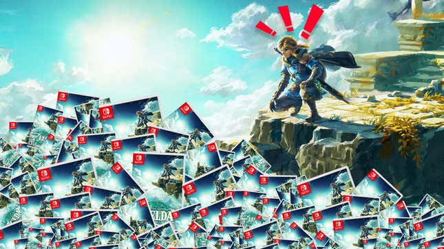 Link from Tears of the Kingdom looks at a giant pile of Zelda games.
