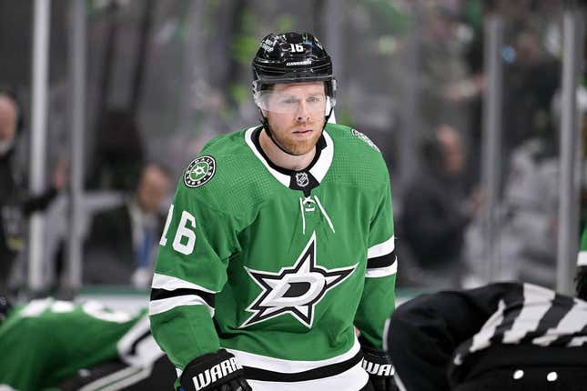 Apr 17, 2023; Dallas, Texas, USA; Dallas Stars center Joe Pavelski (16) during the game between the Dallas Stars and the Minnesota Wild in game one of the first round of the 2023 Stanley Cup Playoffs at the American Airlines Center.