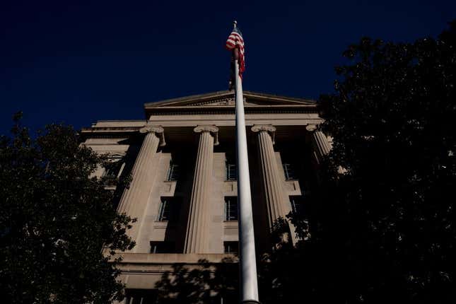 The Department of Justice building is pictured in Washington, DC, on January 22, 2022.