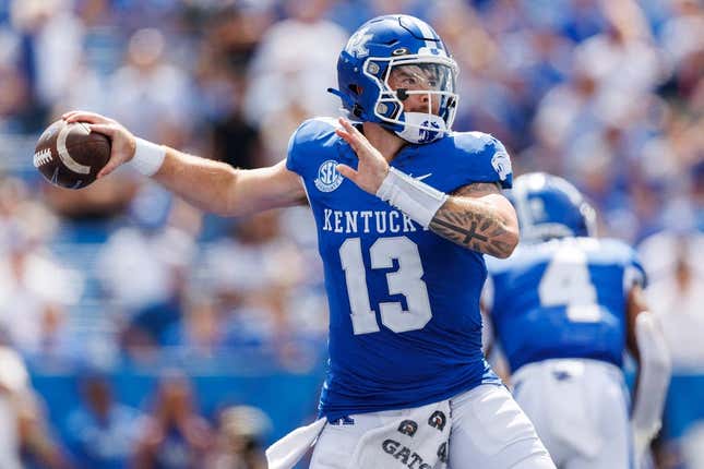 Sep 2, 2023; Lexington, Kentucky, USA; Kentucky Wildcats quarterback Devin Leary (13) throws a pass during the fourth quarter against the Ball State Cardinals at Kroger Field.