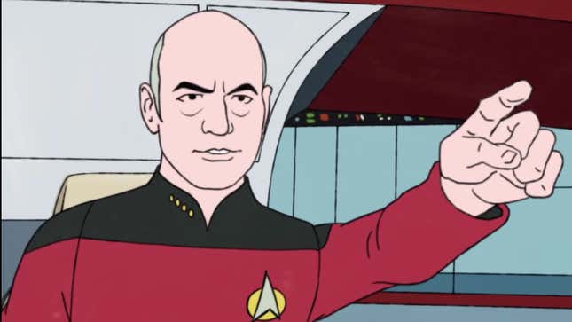 A simple, cartoon version of Jean-Luc Picard points from his captain's chair.