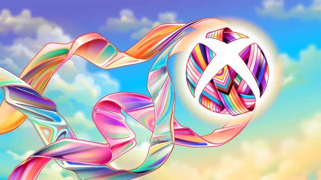 The Xbox logo composed of Pride flags and ribbons floating in a colorful, cloudy sky.