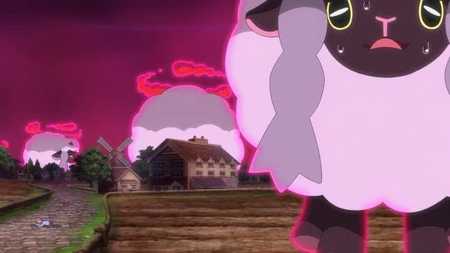 Wooloo are shown dynamaxing and standing over a town in Galar.