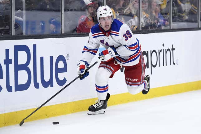 Sep 27, 2022; Boston, Massachusetts, USA;  New York Rangers defenseman Ty Emberson (39) skates with the puck during the third period against the Boston Bruins at TD Garden.
