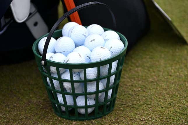 Jun 19, 2022; Brookline, Massachusetts, USA; A general view of a bucket of balls at the practice area during the final round of the U.S. Open golf tournament.