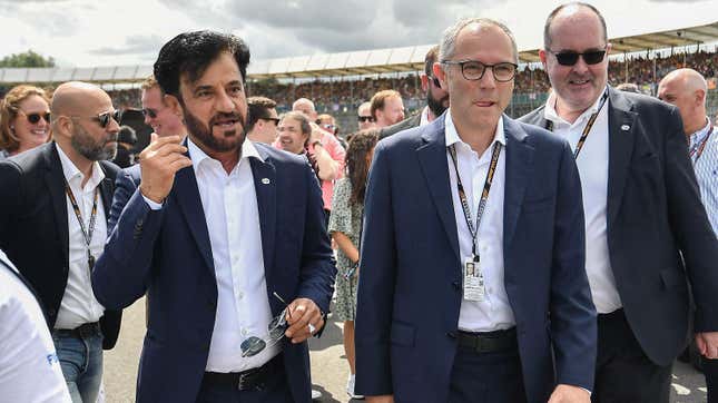 Mohammed Ben Sulayem (L) and Stefano Domenicali (R) during the F1 Grand Prix of Great Britain at Silverstone Circuit on July 9, 2023 in Northampton, United Kingdom.