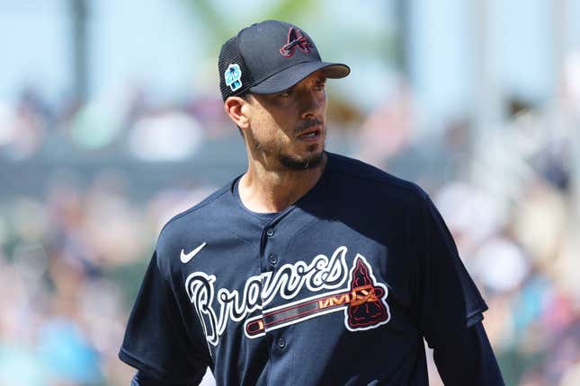 Mar 5, 2023; North Port, Florida, USA; Atlanta Braves starting pitcher Charlie Morton (50) looks on after pitching the second inning against the New York Yankees at CoolToday Park.
