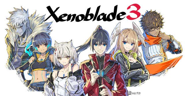 Six young figures stand facing us. Above them is the text Xenoblade 3.
