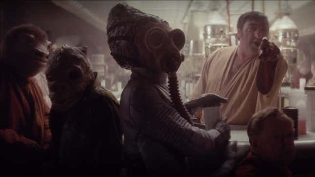 Wuher, bartender of Chalmun's Cantina, tells Luke that the bar doesn't serve droids in a scene from Star Wars: A New Hope.