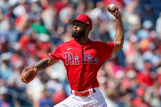 Mar 7, 2023; Clearwater, FL, USA; Philadelphia Phillies reliever Christopher Sanchez (61) hits the ball during the fourth inning against the Tampa Bay Rays during spring training at BayCare Ballpark pitch.