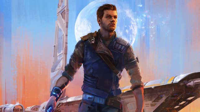 A painted image shows Cal Kestis standing in front of his spaceship. 