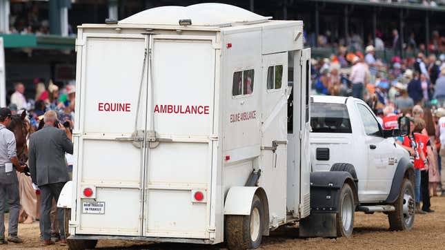 Here Mi Song is driven off in an equine ambulance after racing in the tenth race ahead of the 149th running of the Kentucky Derby.