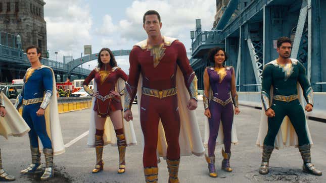 From left: Adam Brody as Super Hero Freddy, Grace Caroline Currey as Super Hero Mary, Zachary Levi as Shazam, Meagan Good as Super Hero Darla, and D.J. Cotrona as Super Hero Pedro