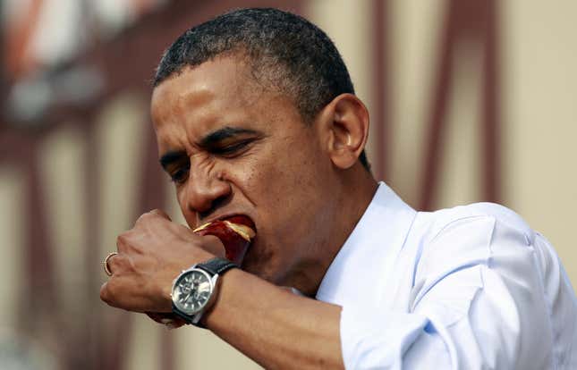 Obama enjoys Milwaukee sausage in September 2012.