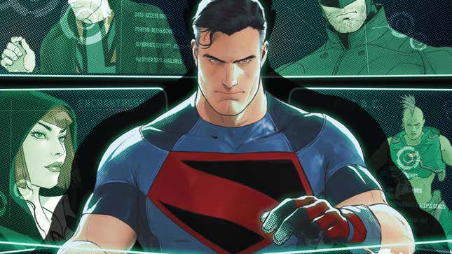 Superman, wearing a t-shirt with his S-shield on black, stares intently at a computer screen.