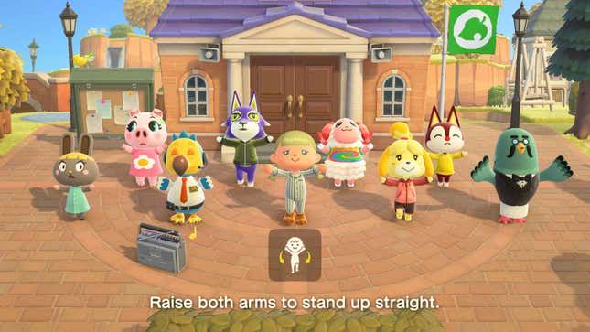 Animal Crossing villagers do stretches in front of the main plaza. 