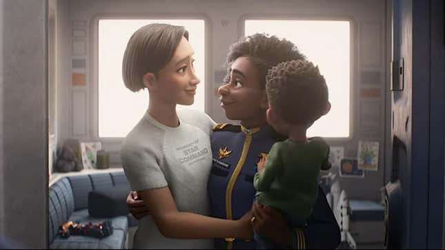 A screenshot from Lightyear of two married woman looking at one another while holding their young child