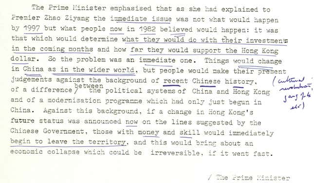 Thatcher’s handwritten margin notes appear to refer to the Cultural Revolution and the Gang of Four trial, both of which were socially disruptive.