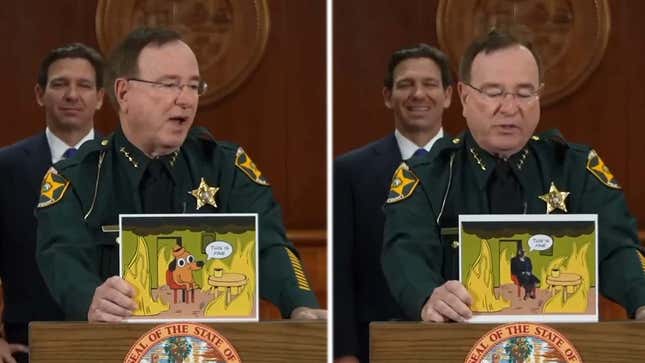 An image shows the sheriff and his memes while DeSantis smiles behind him. 