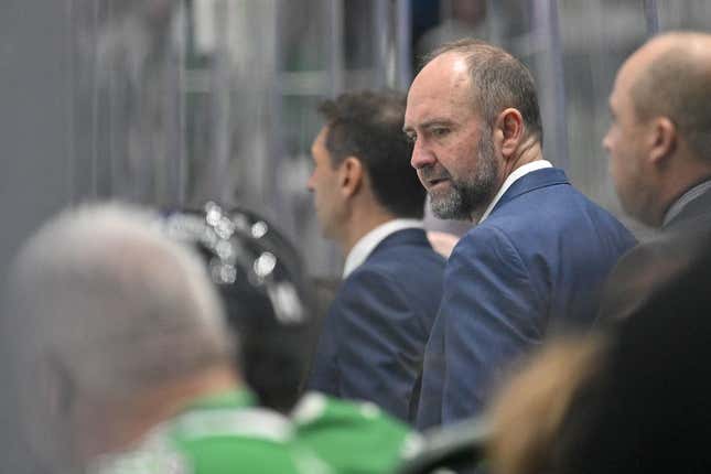 Apr 19, 2023; Dallas, Texas, USA; Dallas Stars head coach Peter DeBoer talks to his team during the second period against the Minnesota Wild in game two of the first round of the 2023 Stanley Cup Playoffs at American Airlines Center.