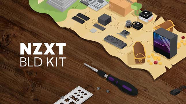 An illustration showing parts for putting together a gaming PC from NZXT. 