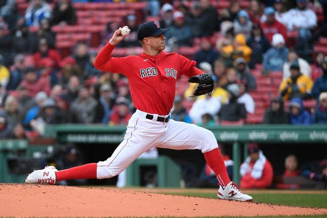 Apr 5, 2023; Boston, Massachusetts, USA; Boston Red Sox starting pitcher Corey Kluber (28) pitches against the Pittsburgh Pirates at Fenway Park.