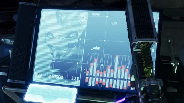 A computer monitor showing Destiny 2's android-looking Lakshmi-2 character. 