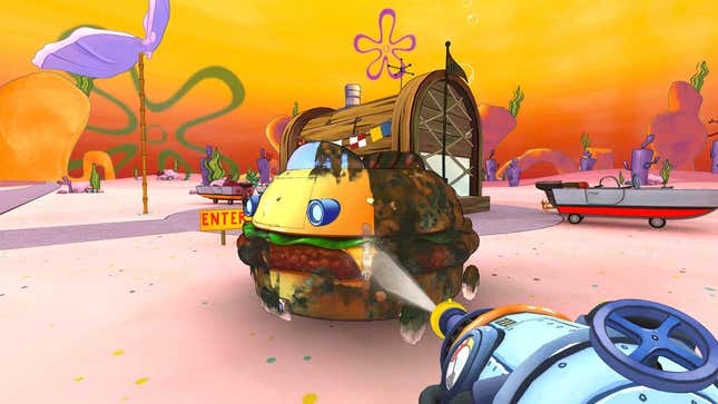 A screenshot shows someone powerwashing a burger-themed car in the new DLC.