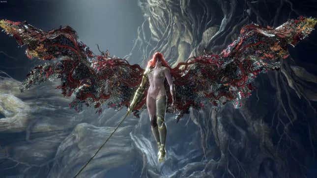 A screenshot from Klein Tsuboi's April 19 YouTube video depicting Malenia, Blade of Miquella in Elden Ring entering her second phase, floating in the air with beautifully butterfly-filled wings stretched outward.