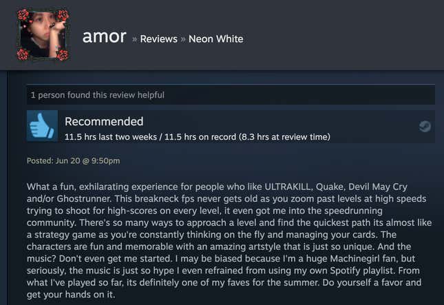Image for article titled Neon White’s Steam Reviews Are Horny As Hell