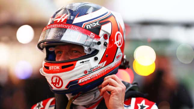 A photo of Haas driver Kevin Magnussen in his race gear in Brazil. 