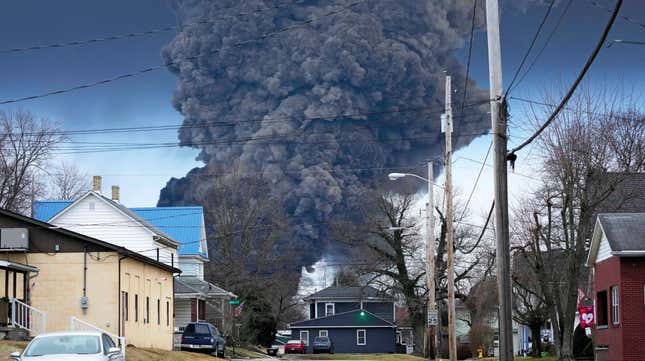 A black plume rises over East Palestine, Ohio, as a result of a controlled detonation of a portion of the derailed Norfolk Southern trains, Feb. 6, 2023. West Virginia’s water utility says it’s taking precautionary steps following the derailment of a train hauling chemicals that later sent up a toxic plume in Ohio. The utility said in a statement on Sunday, Feb. 16, 2023 that it has enhanced its treatment processes even though there hasn’t been a change in raw water at its Ohio River intake.