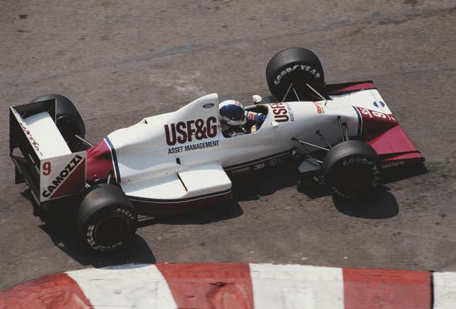 Derek Warwick of Great Britain drives the No. 9 USF&amp;G Arrows Arrows A11 Ford Cosworth DFR V8 during practice for the 1989 Grand Prix of Monaco.