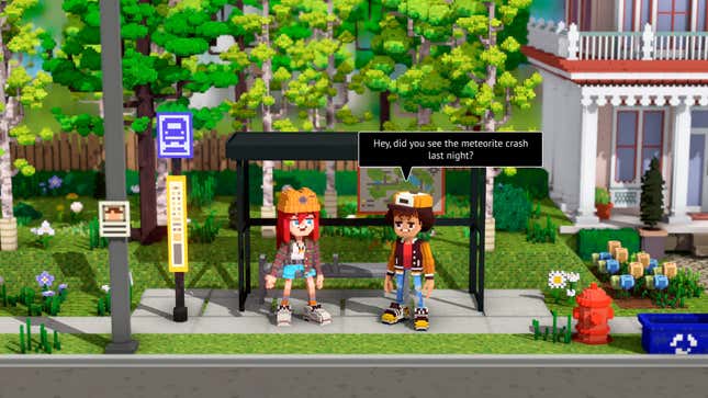 Two kids stand at a bus stop in Echo Generation on Xbox Game Pass.