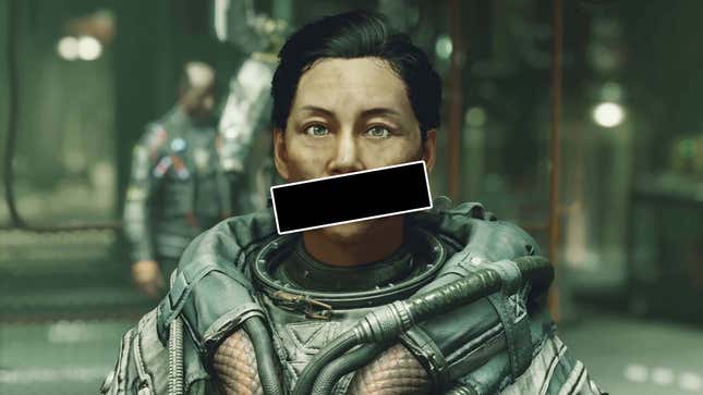 A screenshot shows a woman in a spacesuit with her mouth covered by a black bar. 