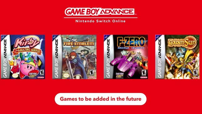 A screenshot shows upcoming GBA games for Switch Online. 