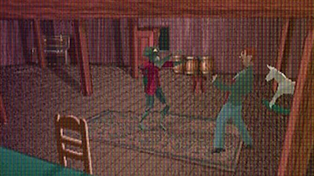 A man aims a gun at a zombie in a large room. 