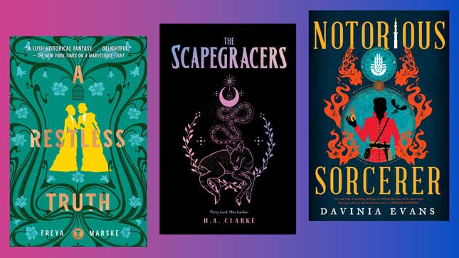Book covers for A Restless Truth, The Scapegracers, and Notorious Sorcerer