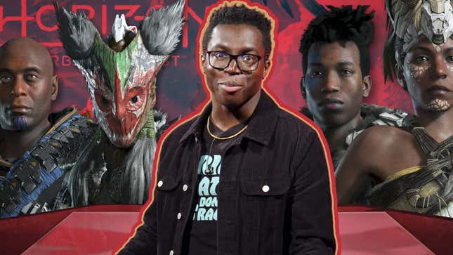 An image of Kinda Funny Games host and producer Blessing Adeoye Jr. with some black Horizon Forbidden West characters behind him.