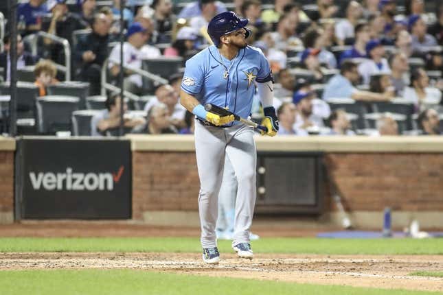May 16, 2023; New York City, New York, USA; Tampa Bay Rays third baseman Isaac Paredes (17) hits a two run home run in the fifth inning against the New York Mets at Citi Field.