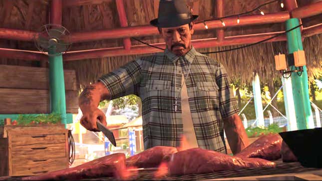 A screenshot of Danny Trejo chopping up and grilling some meat for tacos.