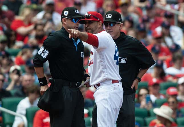 Apr 15, 2023; St. Louis, Missouri, USA; St. Louis Cardinals manager Oliver Marmol (37) argues with the home plate umpire in the bottom of the third inning at Busch Stadium.