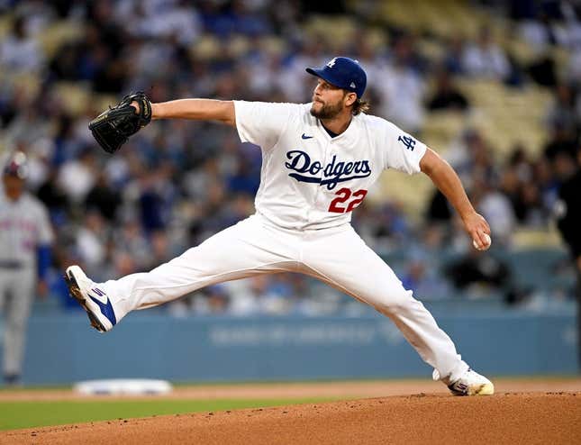 Apr 18, 2023; Los Angeles, California, USA; Los Angeles Dodgers starting pitcher Clayton Kershaw (22) throws in the first inning against the New York Mets at Dodger Stadium.