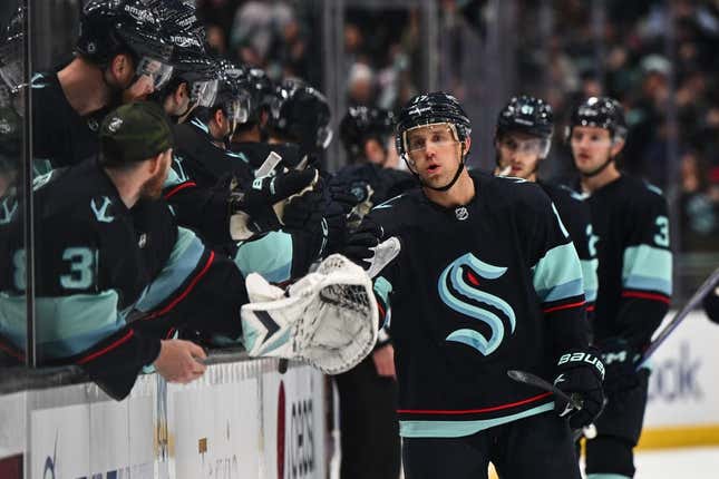 Mar 30, 2023; Seattle, Washington, USA; Seattle Kraken center Jaden Schwartz (17) celebrates with the bench after scoring a goal against the Anaheim Ducks during the first period at Climate Pledge Arena.