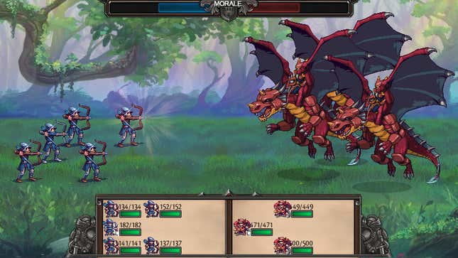 Archers fire upon dragon riders in a 2D pixel art battle.