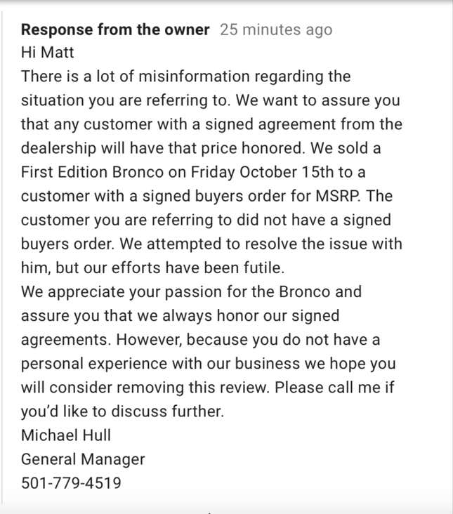 One of the bullshit ass responses the dealer used to respond to negative reviews.
