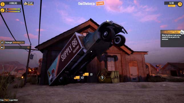 A delivery truck is stuck under a garrage door, jutting upward at an acute angle almost saluting the pink sunset in the sky.