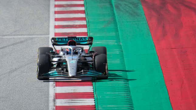 A photo of George Russell driving his Mercedes F1 car in Austria. 