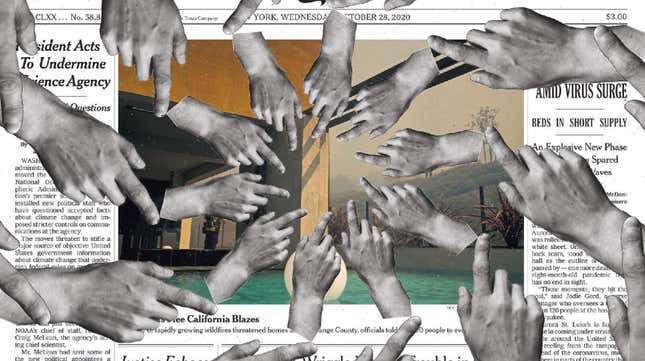 An illustration of hands and the New York Times front page.